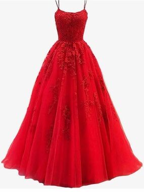 Amazon Red Lace Applique Ball Gown with Spaghetti Straps